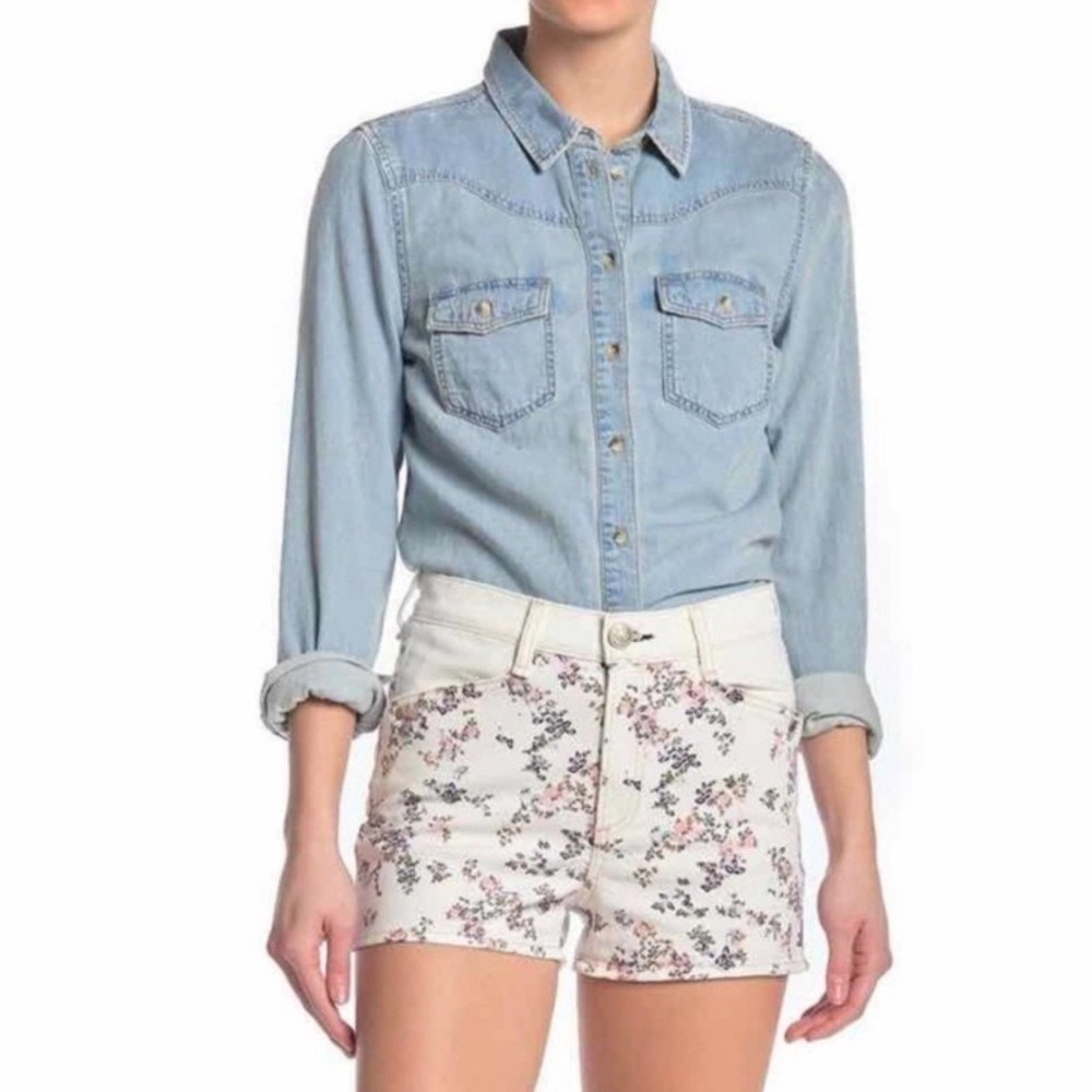 Rag & Bone Micro Floral Denim Shorts White Pink Blue Sz 25